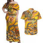 Custom NAIDOC Week 2024 Giants Couples Matching Off Shoulder Maxi Dress and Hawaiian Shirt Aboriginal Animals Keep The Fire Burning