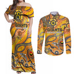 Custom NAIDOC Week 2024 Giants Couples Matching Off Shoulder Maxi Dress and Long Sleeve Button Shirt Aboriginal Animals Keep The Fire Burning