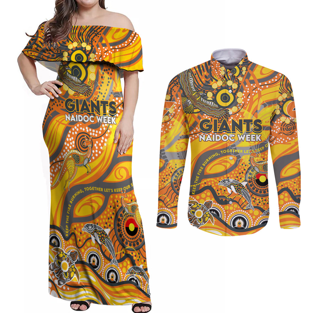 Custom NAIDOC Week 2024 Giants Couples Matching Off Shoulder Maxi Dress and Long Sleeve Button Shirt Aboriginal Animals Keep The Fire Burning