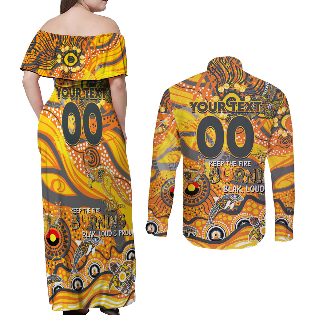 Custom NAIDOC Week 2024 Giants Couples Matching Off Shoulder Maxi Dress and Long Sleeve Button Shirt Aboriginal Animals Keep The Fire Burning