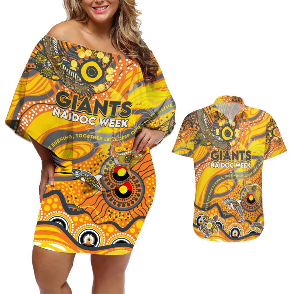 Custom NAIDOC Week 2024 Giants Couples Matching Off Shoulder Short Dress and Hawaiian Shirt Aboriginal Animals Keep The Fire Burning
