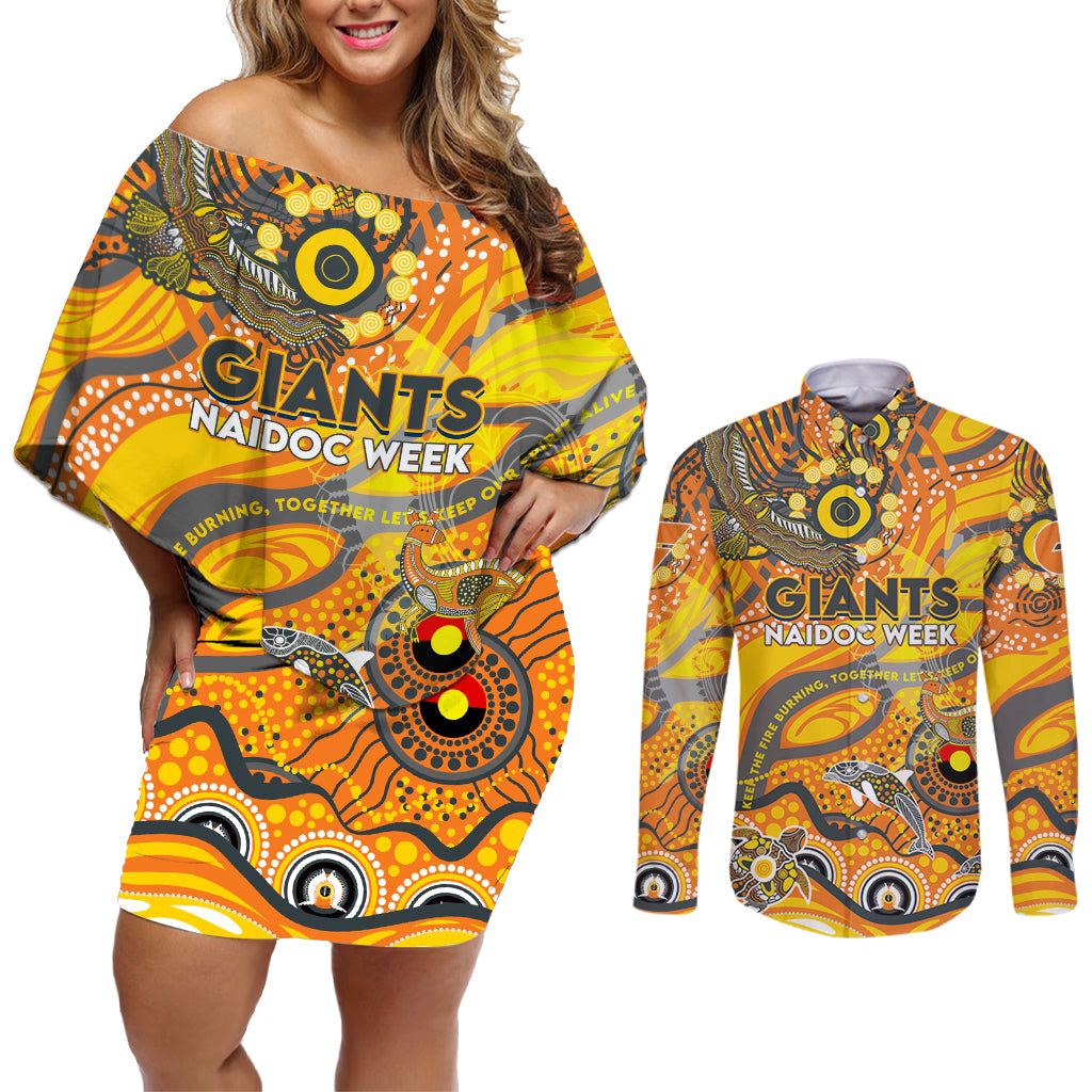 Custom NAIDOC Week 2024 Giants Couples Matching Off Shoulder Short Dress and Long Sleeve Button Shirt Aboriginal Animals Keep The Fire Burning