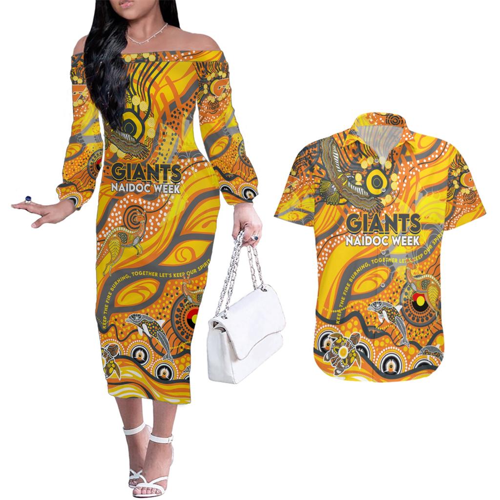 Custom NAIDOC Week 2024 Giants Couples Matching Off The Shoulder Long Sleeve Dress and Hawaiian Shirt Aboriginal Animals Keep The Fire Burning