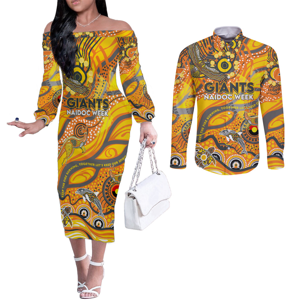 Custom NAIDOC Week 2024 Giants Couples Matching Off The Shoulder Long Sleeve Dress and Long Sleeve Button Shirt Aboriginal Animals Keep The Fire Burning