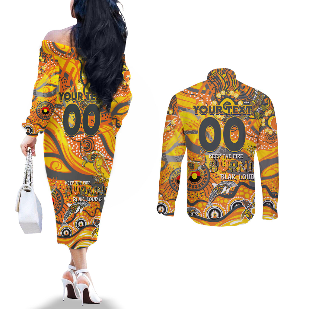 Custom NAIDOC Week 2024 Giants Couples Matching Off The Shoulder Long Sleeve Dress and Long Sleeve Button Shirt Aboriginal Animals Keep The Fire Burning