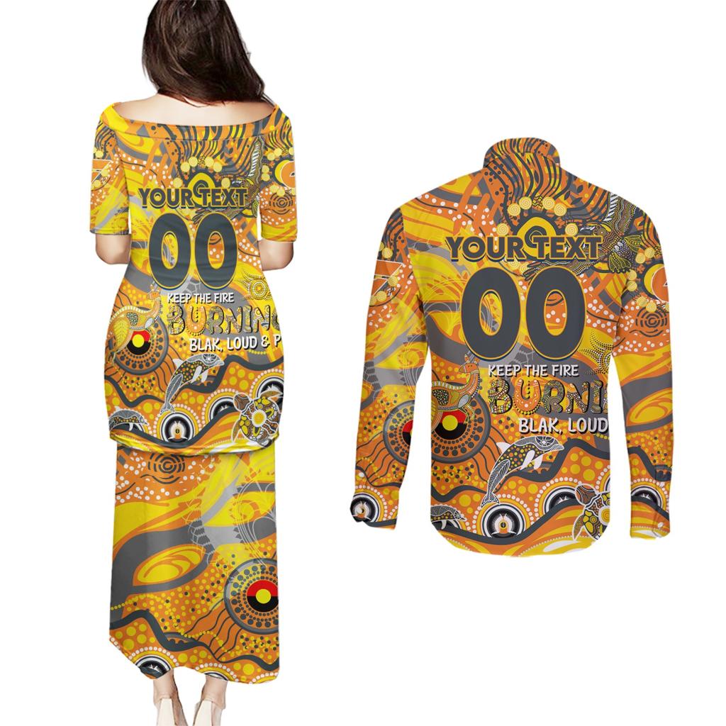 Custom NAIDOC Week 2024 Giants Couples Matching Puletasi and Long Sleeve Button Shirt Aboriginal Animals Keep The Fire Burning