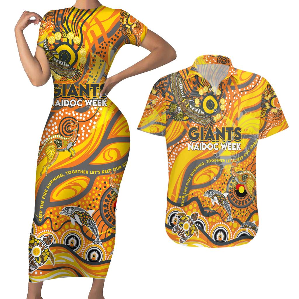 Custom NAIDOC Week 2024 Giants Couples Matching Short Sleeve Bodycon Dress and Hawaiian Shirt Aboriginal Animals Keep The Fire Burning