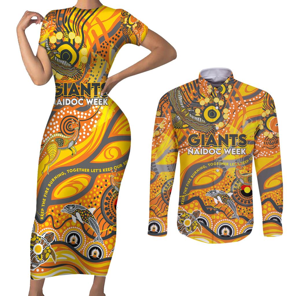 Custom NAIDOC Week 2024 Giants Couples Matching Short Sleeve Bodycon Dress and Long Sleeve Button Shirt Aboriginal Animals Keep The Fire Burning