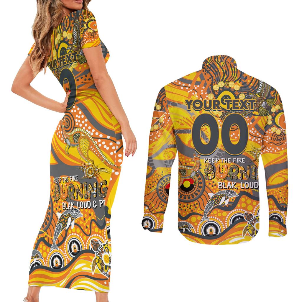Custom NAIDOC Week 2024 Giants Couples Matching Short Sleeve Bodycon Dress and Long Sleeve Button Shirt Aboriginal Animals Keep The Fire Burning