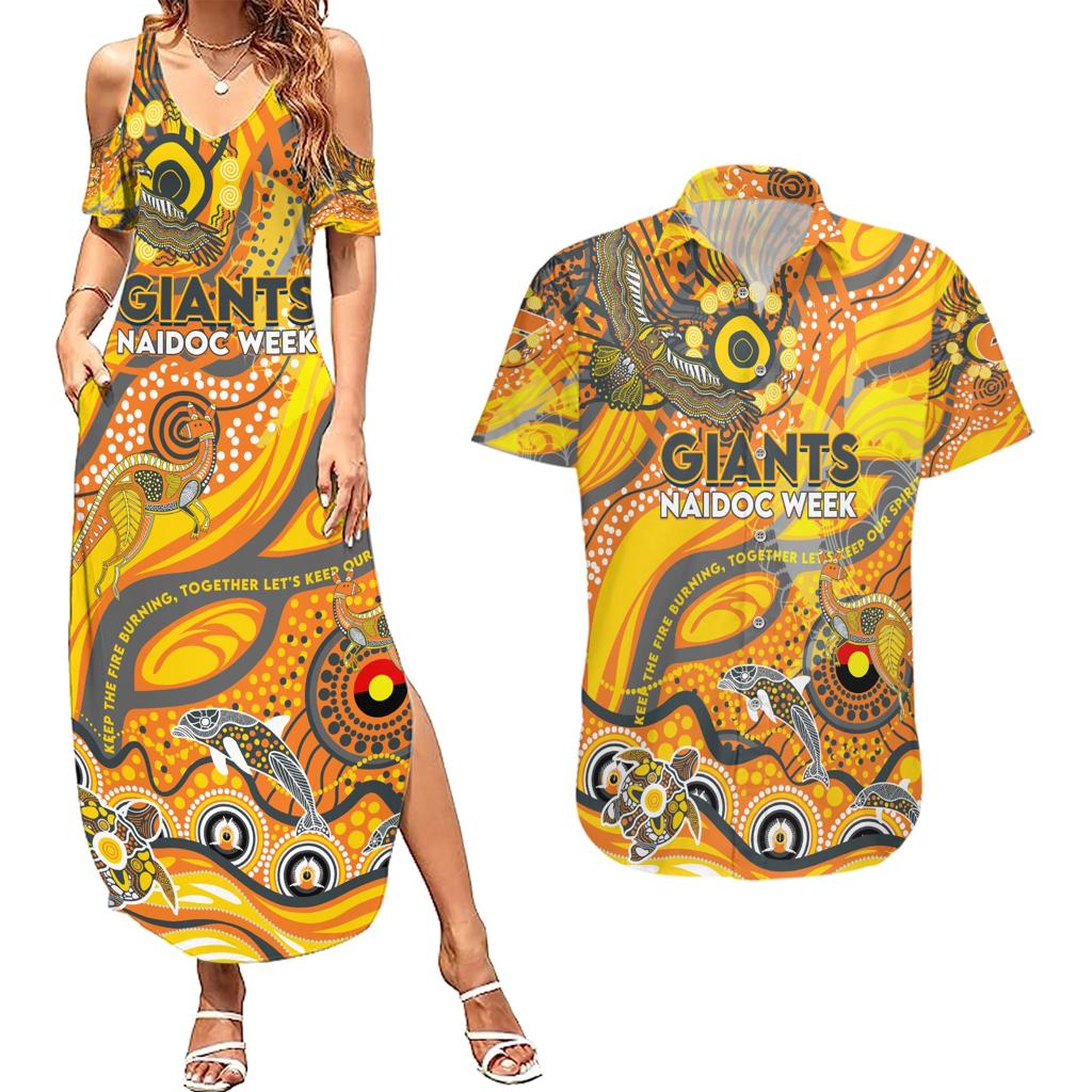 Custom NAIDOC Week 2024 Giants Couples Matching Summer Maxi Dress and Hawaiian Shirt Aboriginal Animals Keep The Fire Burning