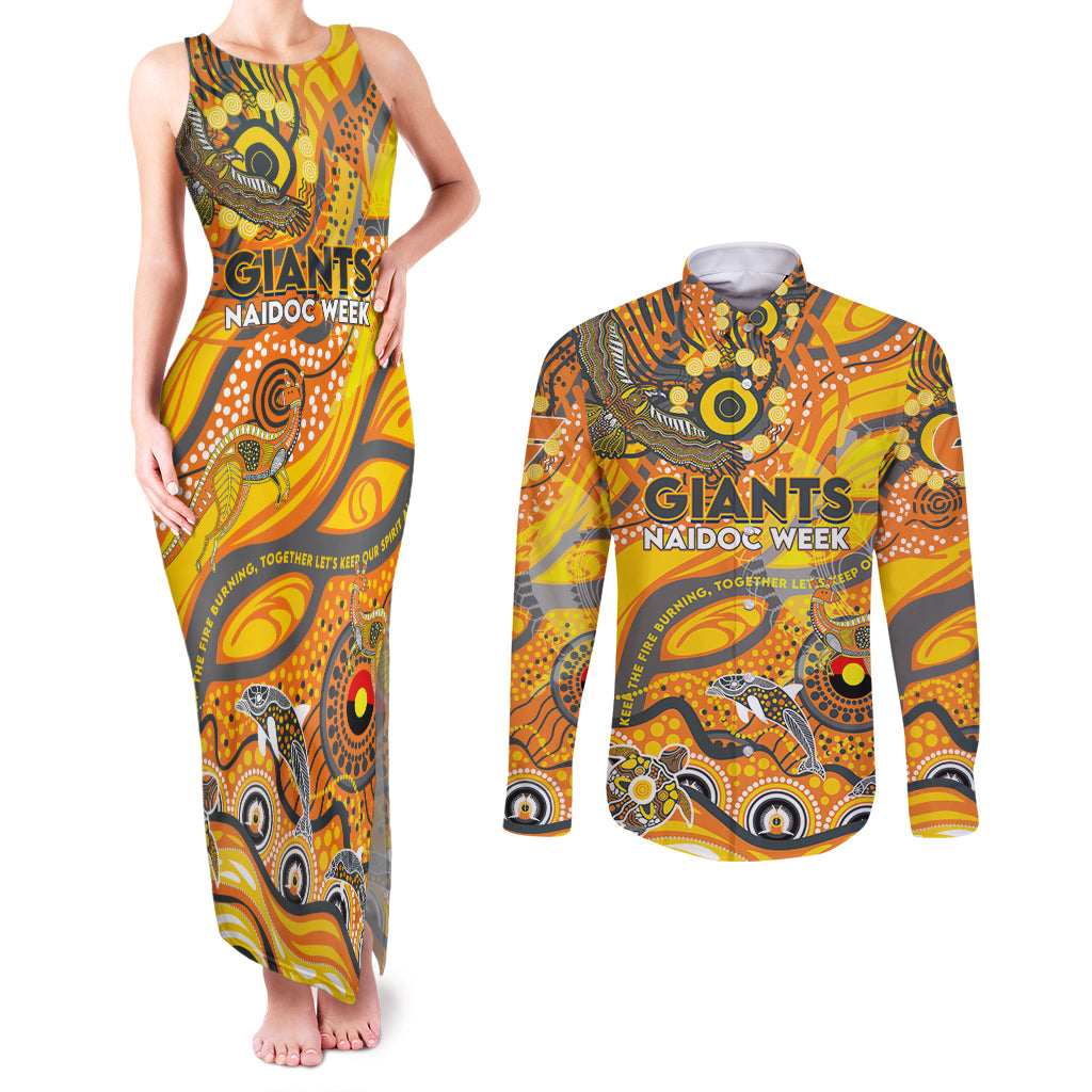 Custom NAIDOC Week 2024 Giants Couples Matching Tank Maxi Dress and Long Sleeve Button Shirt Aboriginal Animals Keep The Fire Burning