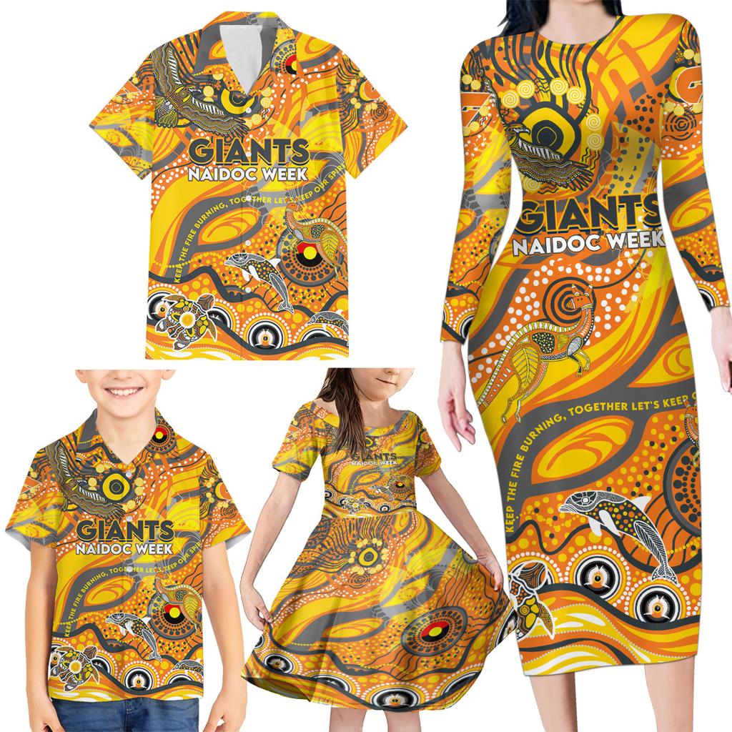 Custom NAIDOC Week 2024 Giants Family Matching Long Sleeve Bodycon Dress and Hawaiian Shirt Aboriginal Animals Keep The Fire Burning