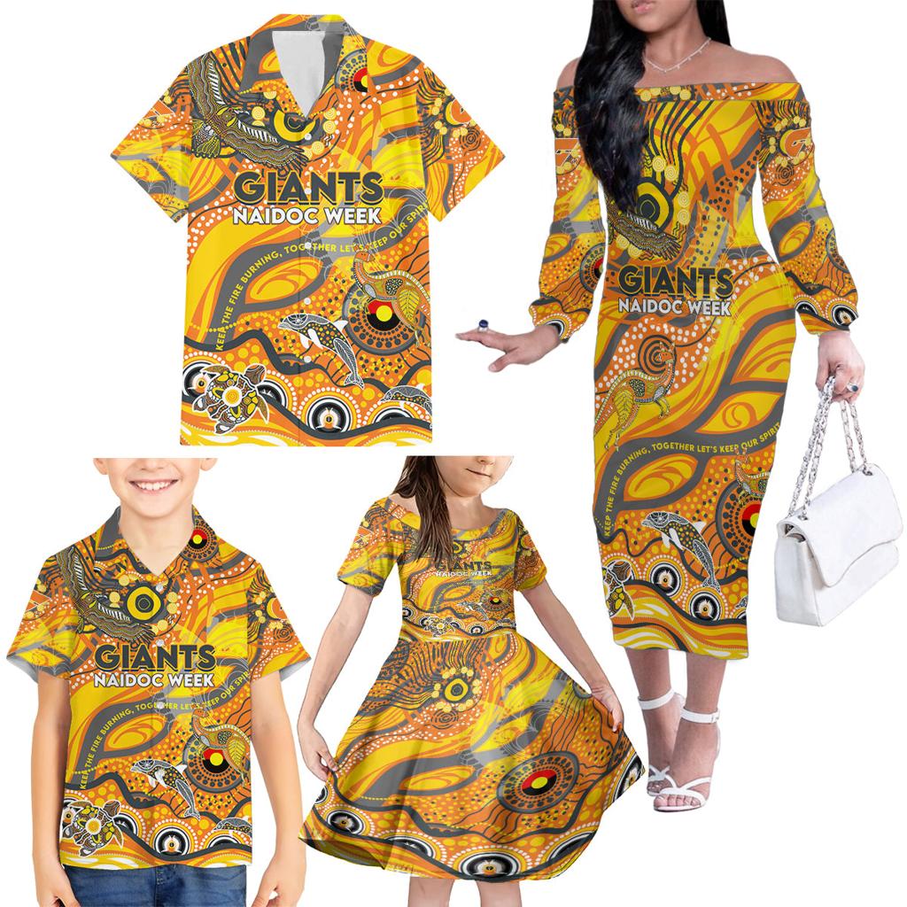 Custom NAIDOC Week 2024 Giants Family Matching Off The Shoulder Long Sleeve Dress and Hawaiian Shirt Aboriginal Animals Keep The Fire Burning
