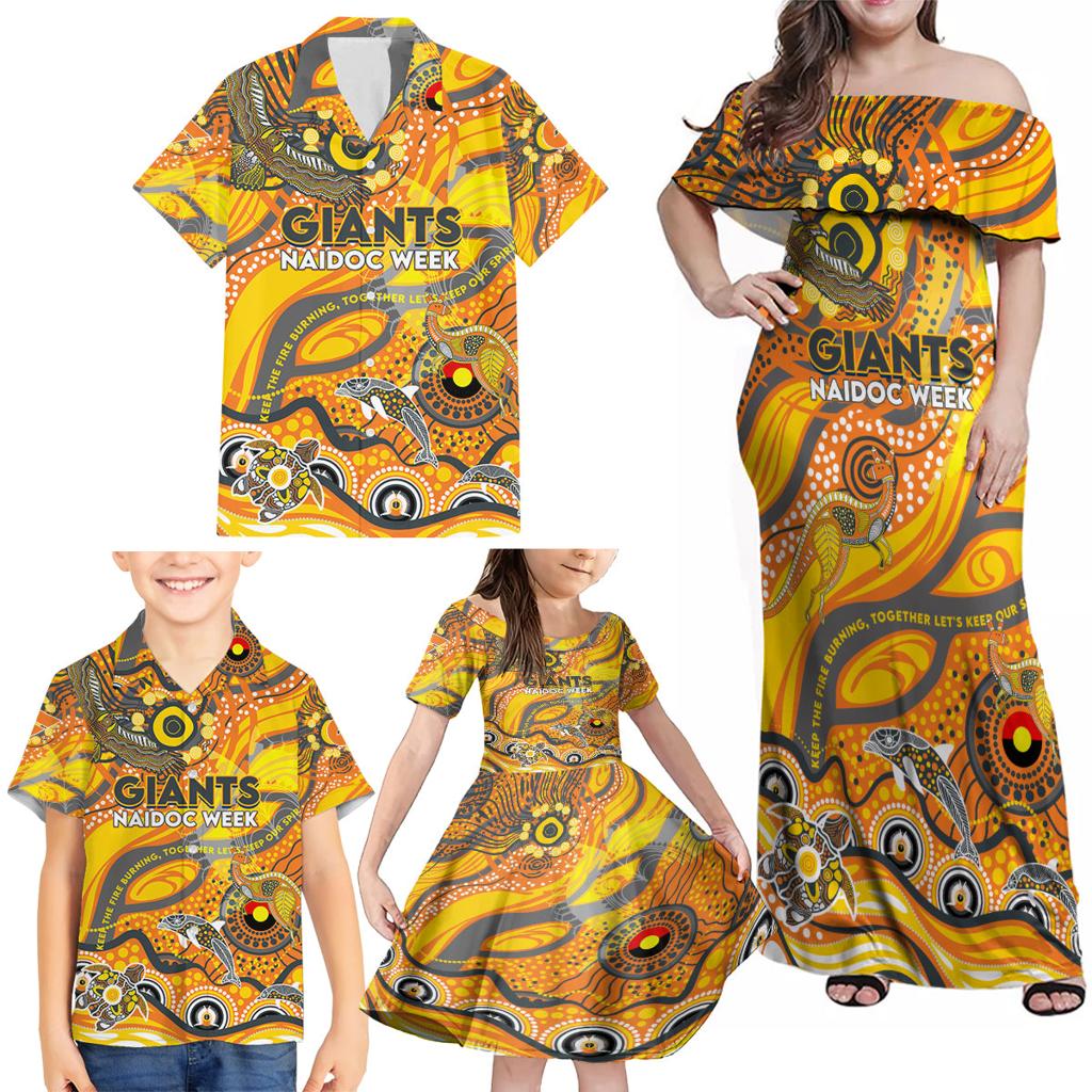 Custom NAIDOC Week 2024 Giants Family Matching Off Shoulder Maxi Dress and Hawaiian Shirt Aboriginal Animals Keep The Fire Burning