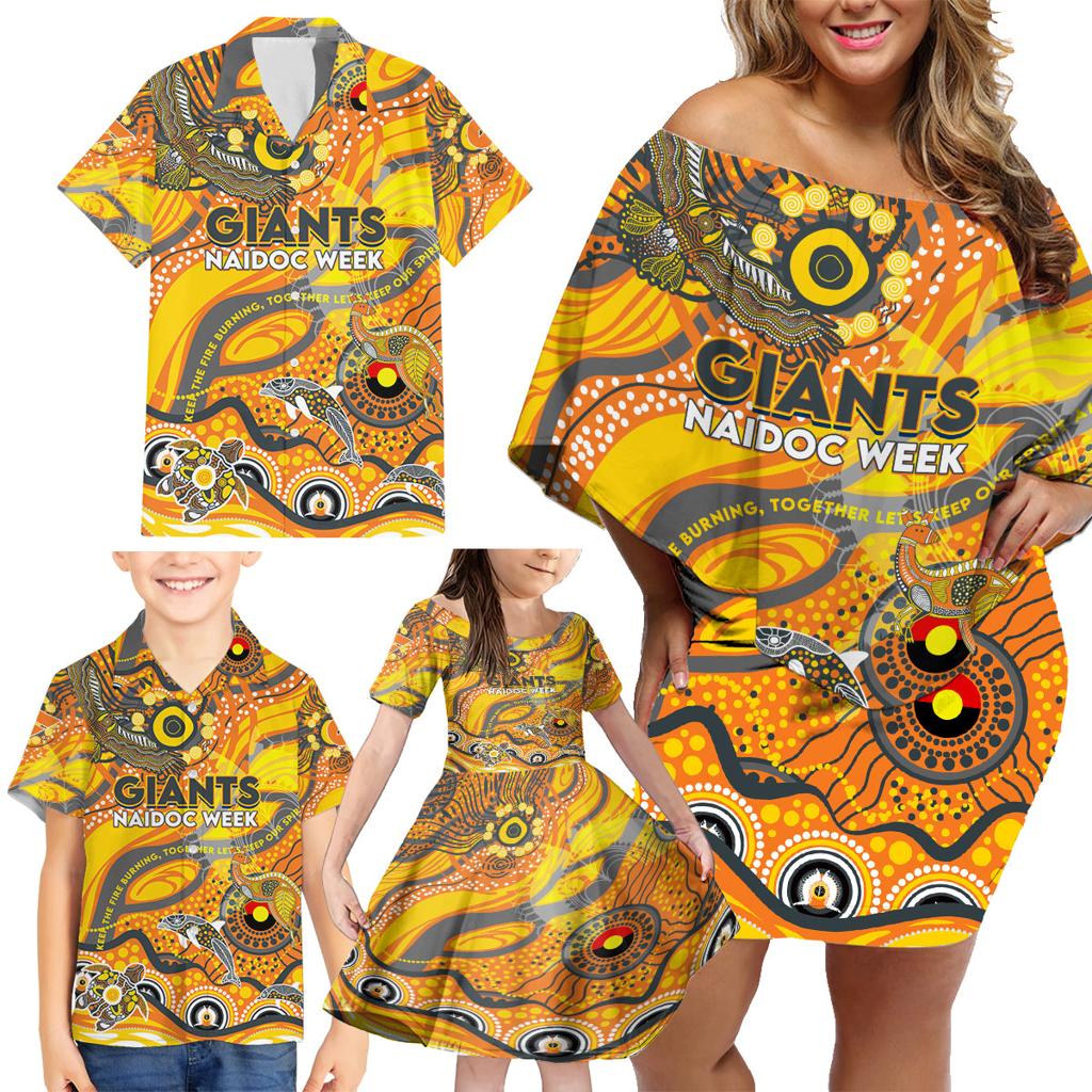 Custom NAIDOC Week 2024 Giants Family Matching Off Shoulder Short Dress and Hawaiian Shirt Aboriginal Animals Keep The Fire Burning