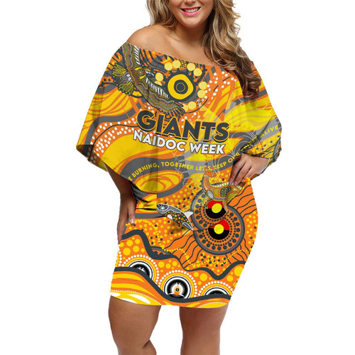Custom NAIDOC Week 2024 Giants Family Matching Off Shoulder Short Dress and Hawaiian Shirt Aboriginal Animals Keep The Fire Burning