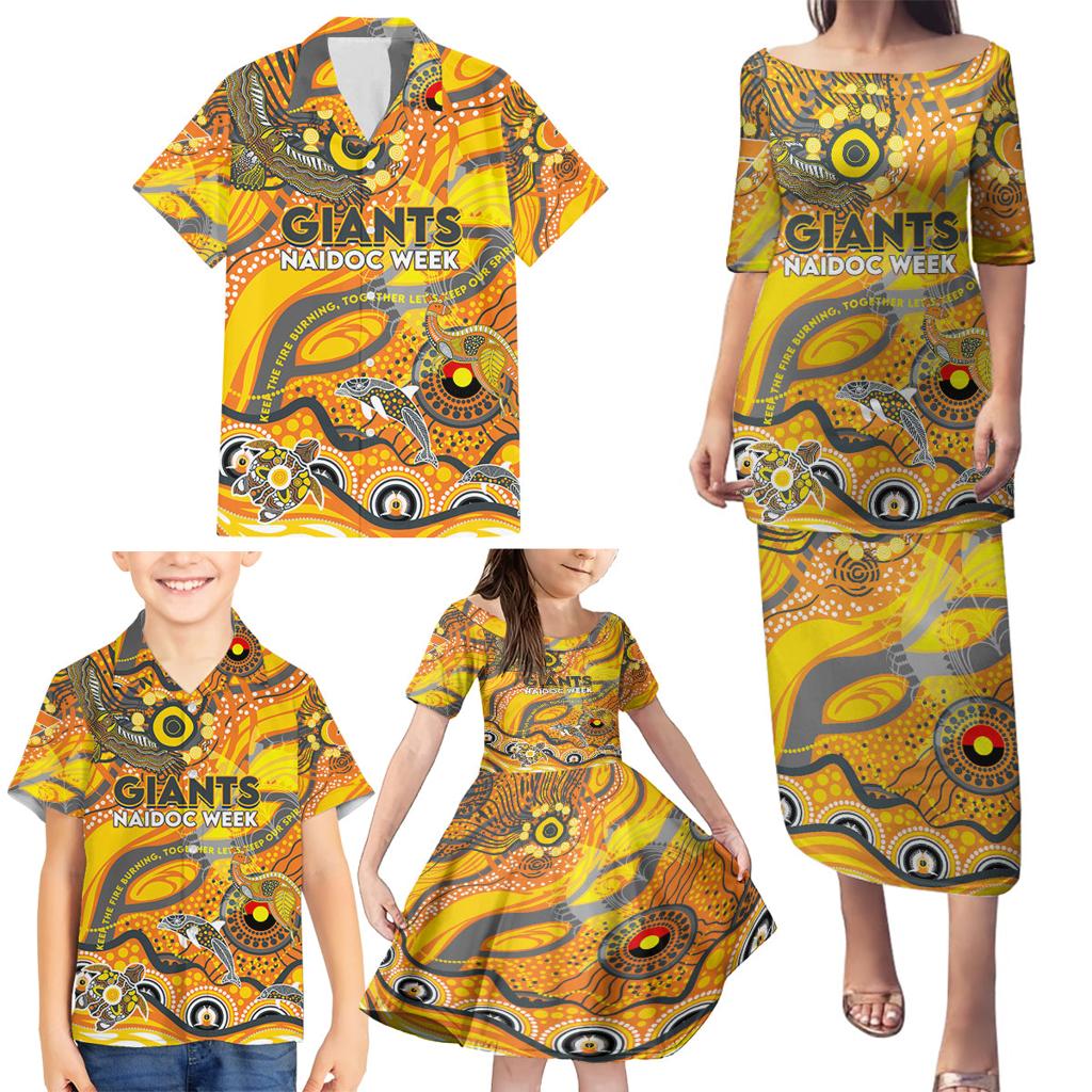 Custom NAIDOC Week 2024 Giants Family Matching Puletasi and Hawaiian Shirt Aboriginal Animals Keep The Fire Burning
