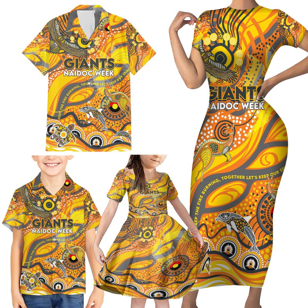 Custom NAIDOC Week 2024 Giants Family Matching Short Sleeve Bodycon Dress and Hawaiian Shirt Aboriginal Animals Keep The Fire Burning