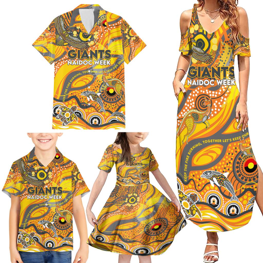 Custom NAIDOC Week 2024 Giants Family Matching Summer Maxi Dress and Hawaiian Shirt Aboriginal Animals Keep The Fire Burning
