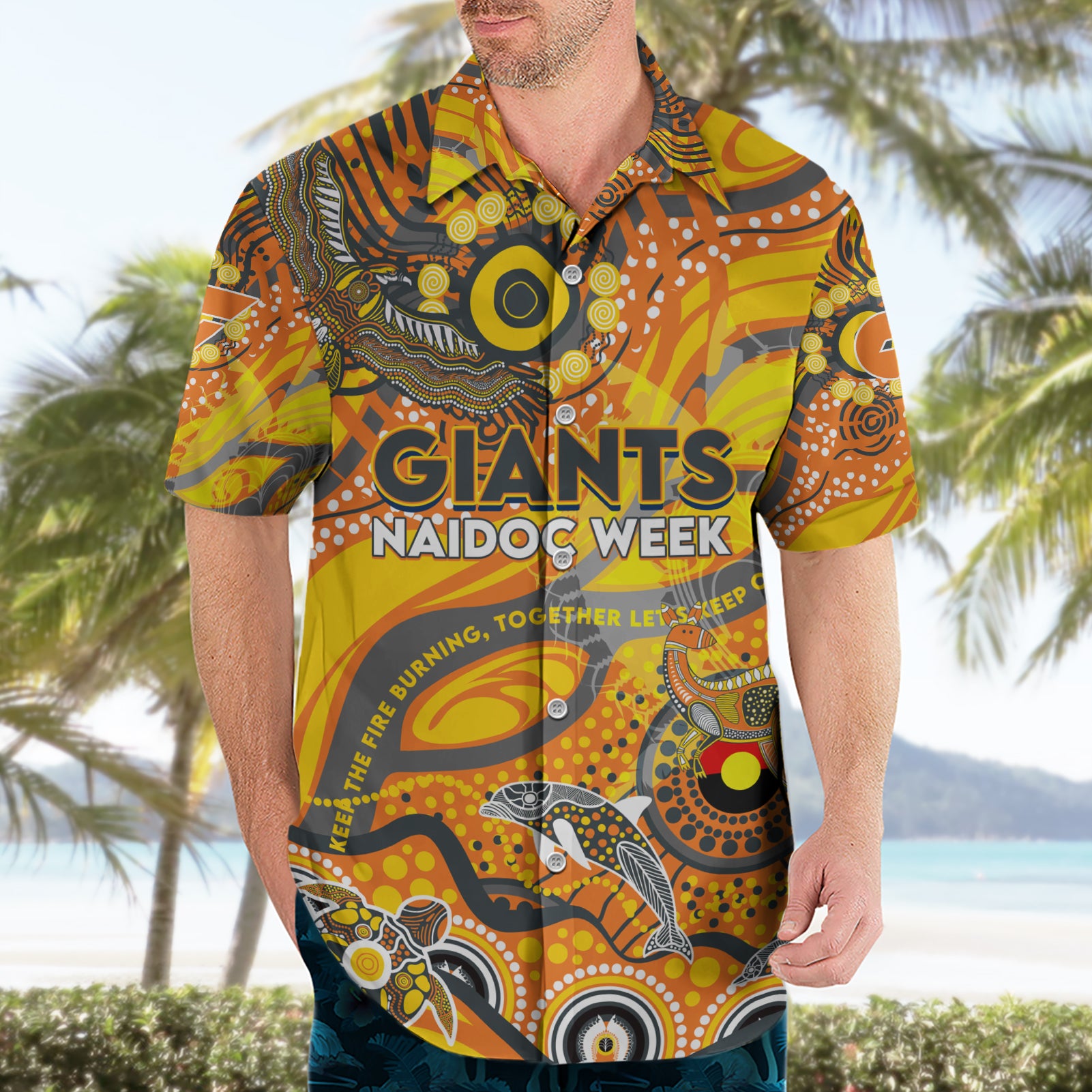 Custom NAIDOC Week 2024 Giants Hawaiian Shirt Aboriginal Animals Keep The Fire Burning