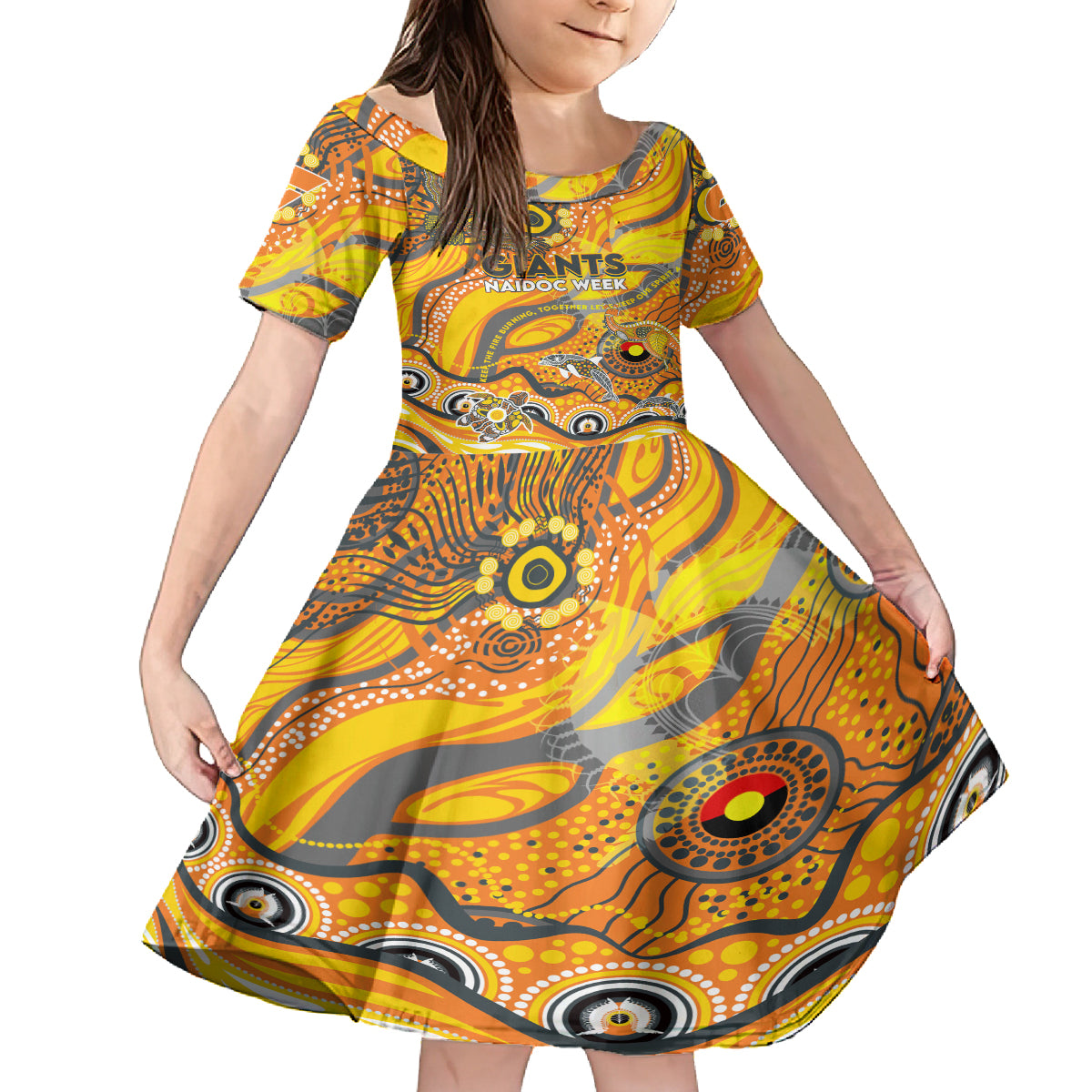 Custom NAIDOC Week 2024 Giants Kid Short Sleeve Dress Aboriginal Animals Keep The Fire Burning