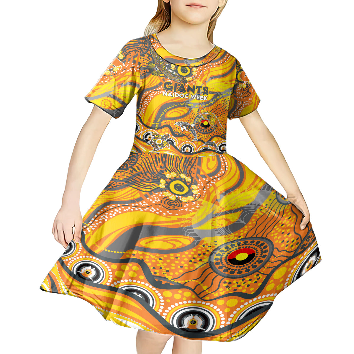Custom NAIDOC Week 2024 Giants Kid Short Sleeve Dress Aboriginal Animals Keep The Fire Burning