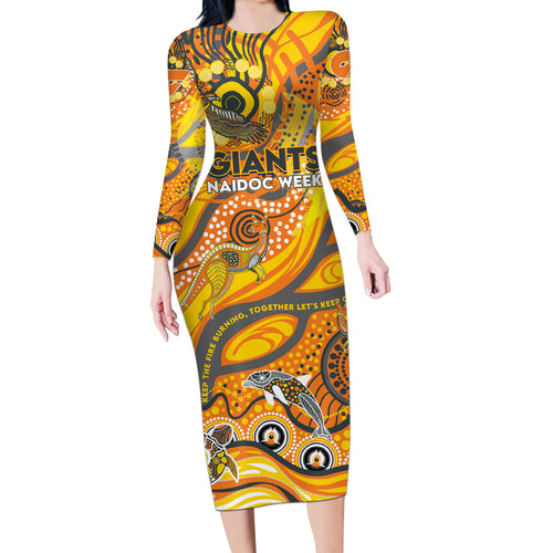 Custom NAIDOC Week 2024 Giants Long Sleeve Bodycon Dress Aboriginal Animals Keep The Fire Burning