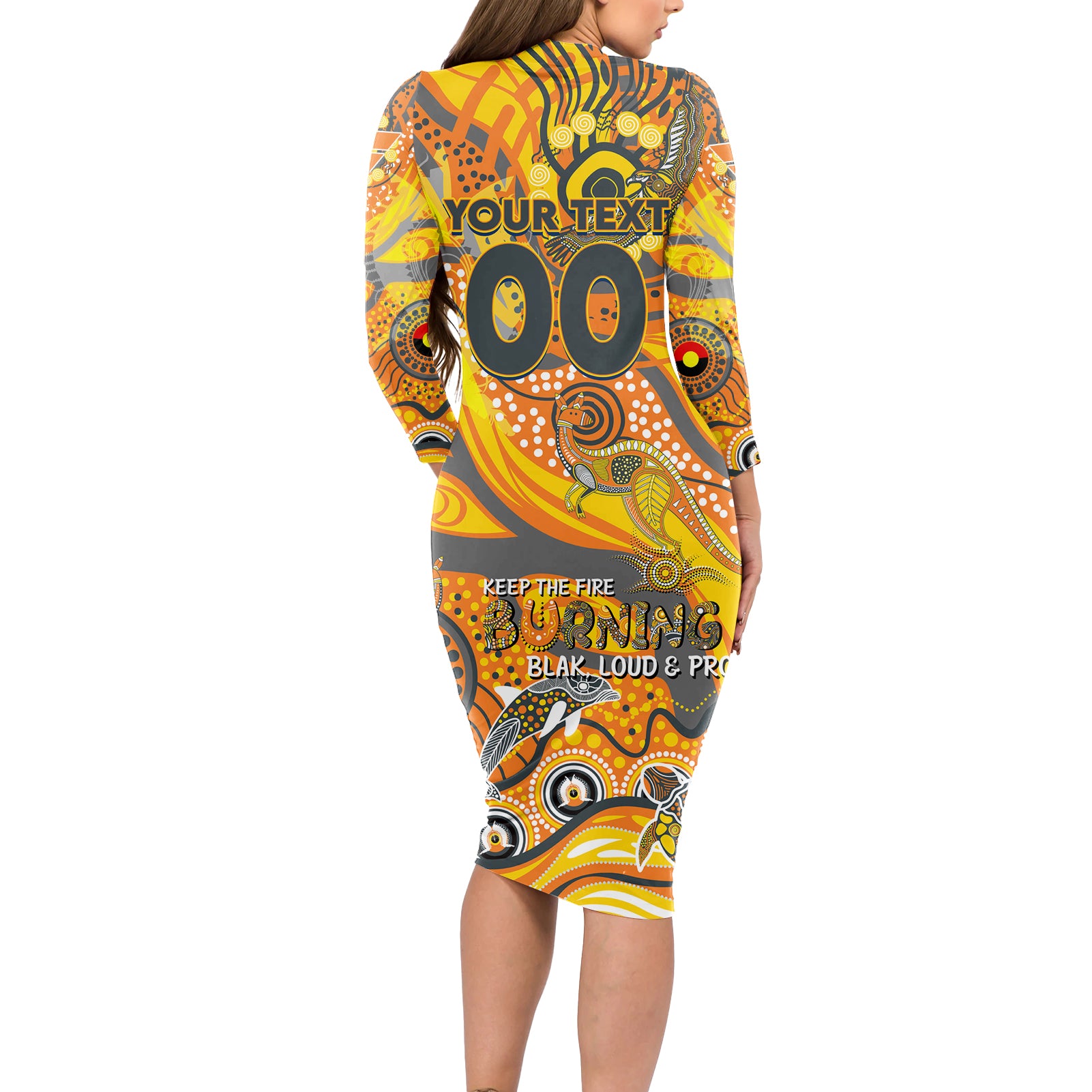 Custom NAIDOC Week 2024 Giants Long Sleeve Bodycon Dress Aboriginal Animals Keep The Fire Burning