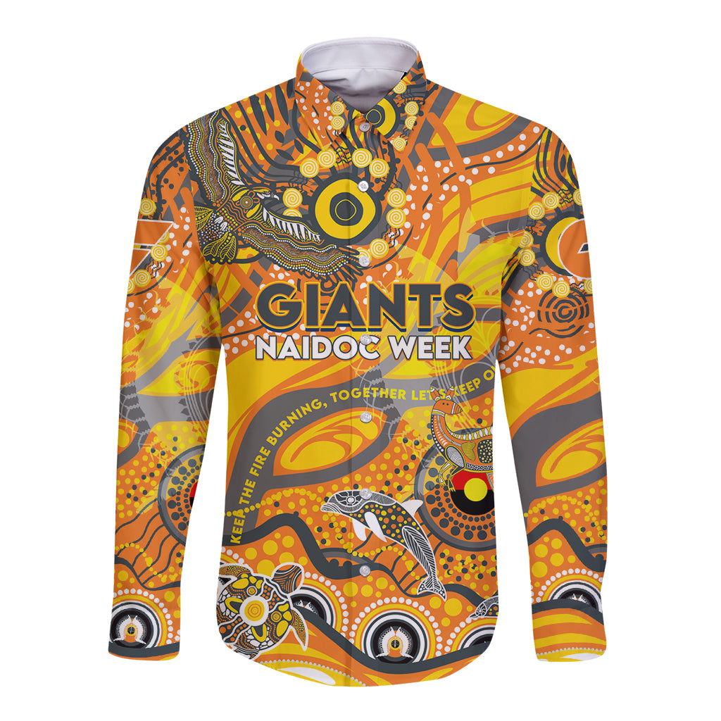 Custom NAIDOC Week 2024 Giants Long Sleeve Button Shirt Aboriginal Animals Keep The Fire Burning