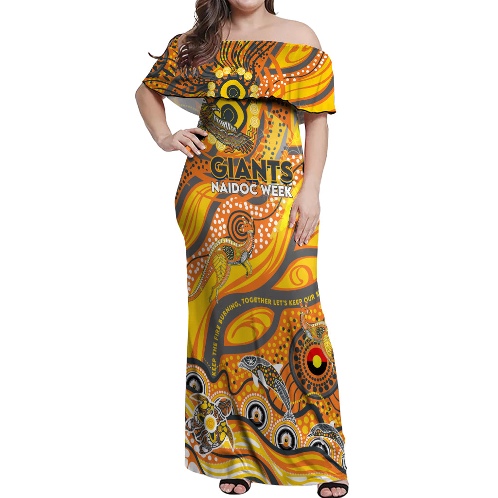 Custom NAIDOC Week 2024 Giants Off Shoulder Maxi Dress Aboriginal Animals Keep The Fire Burning