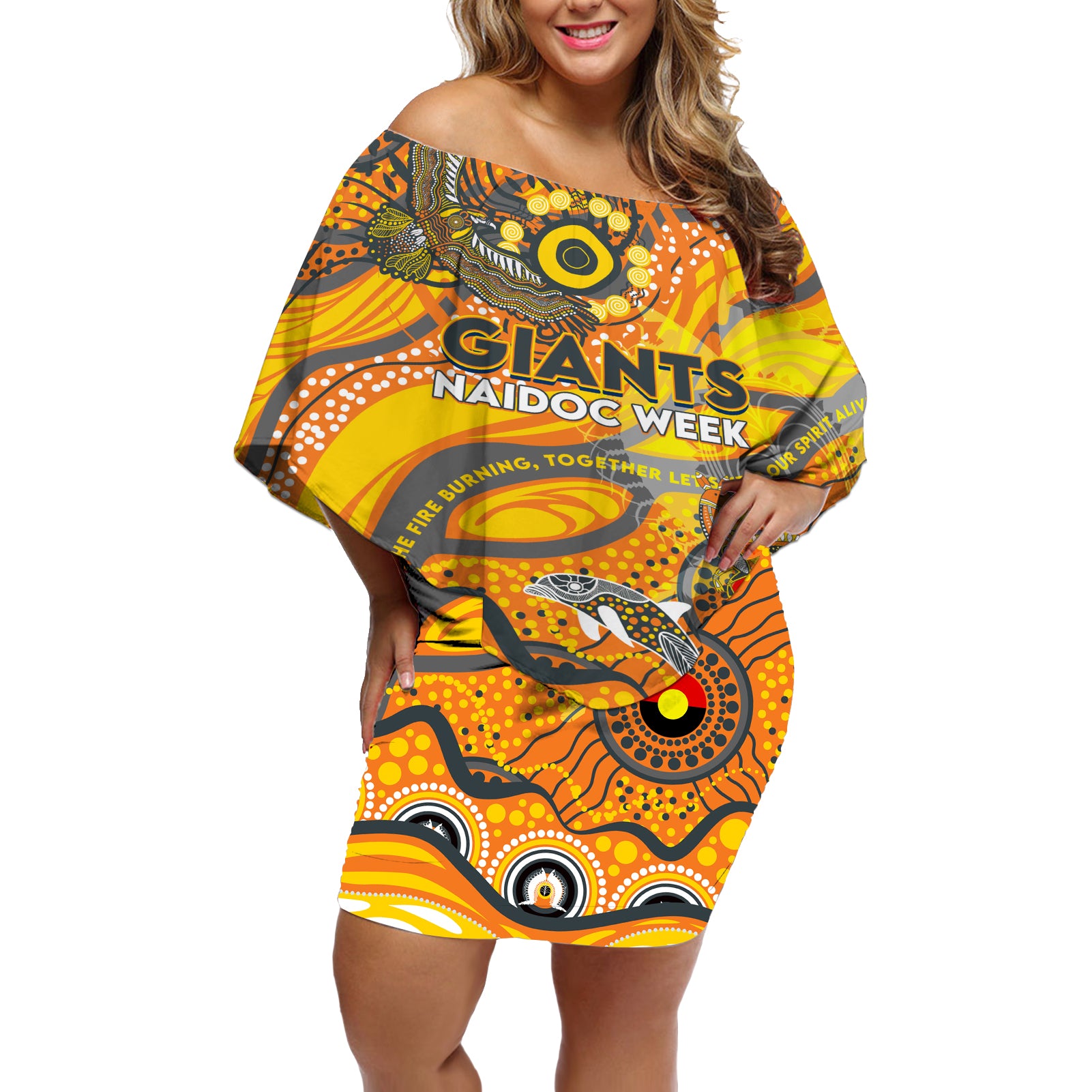 Custom NAIDOC Week 2024 Giants Off Shoulder Short Dress Aboriginal Animals Keep The Fire Burning