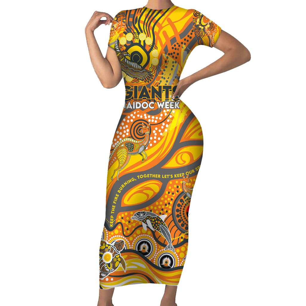 Custom NAIDOC Week 2024 Giants Short Sleeve Bodycon Dress Aboriginal Animals Keep The Fire Burning