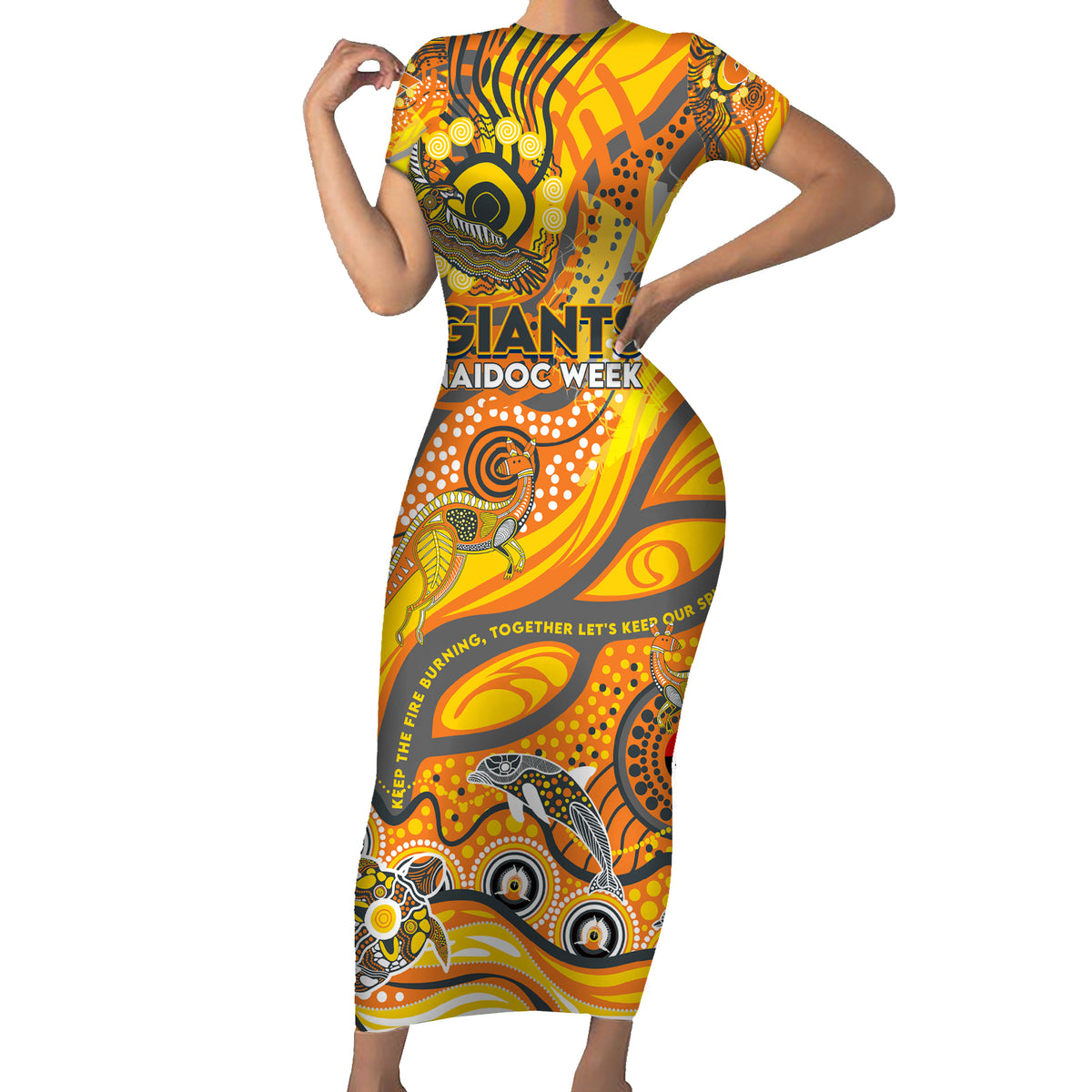 Custom NAIDOC Week 2024 Giants Short Sleeve Bodycon Dress Aboriginal Animals Keep The Fire Burning