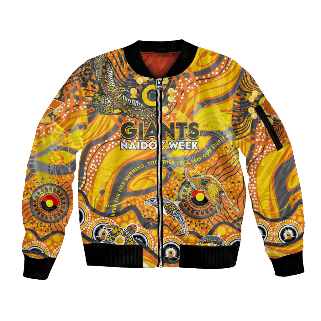 Custom NAIDOC Week 2024 Giants Sleeve Zip Bomber Jacket Aboriginal Animals Keep The Fire Burning