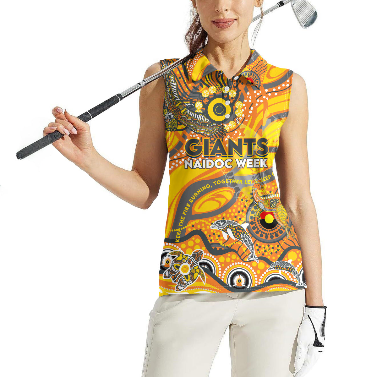 Custom NAIDOC Week 2024 Giants Women Sleeveless Polo Shirt Aboriginal Animals Keep The Fire Burning