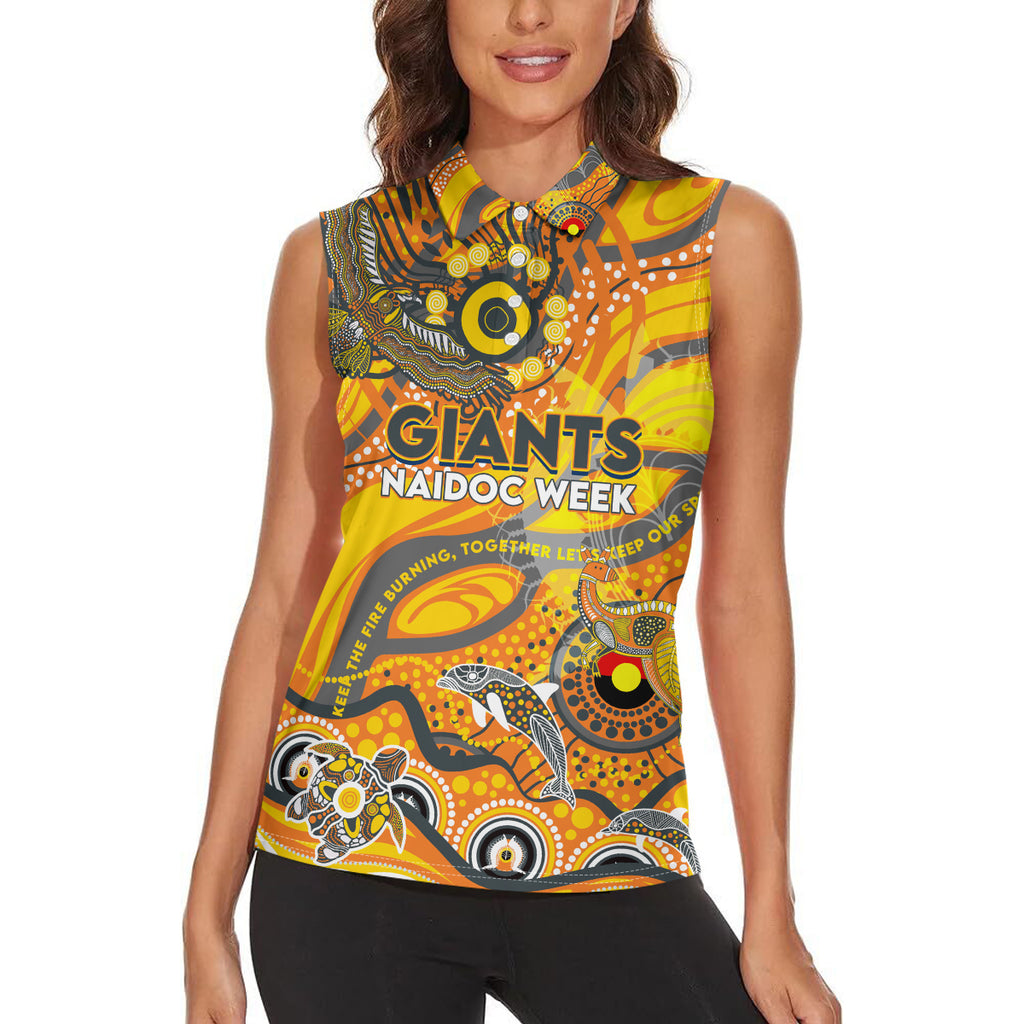 Custom NAIDOC Week 2024 Giants Women Sleeveless Polo Shirt Aboriginal Animals Keep The Fire Burning