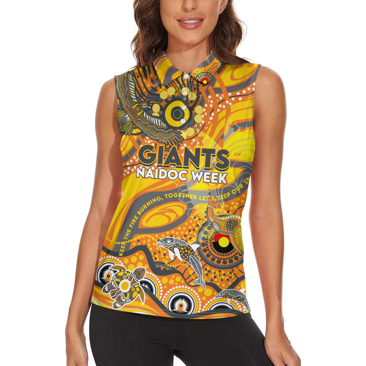 Custom NAIDOC Week 2024 Giants Women Sleeveless Polo Shirt Aboriginal Animals Keep The Fire Burning