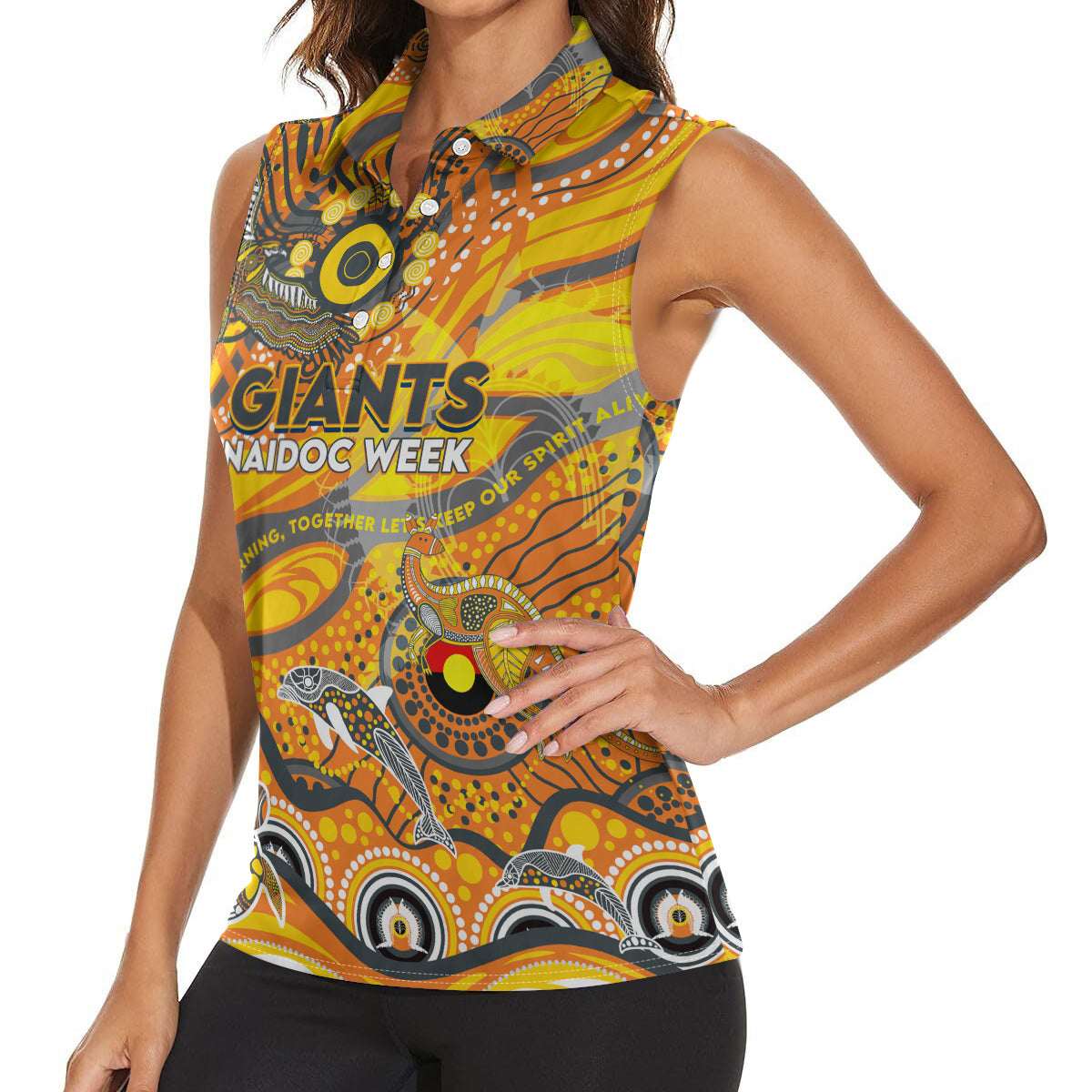 Custom NAIDOC Week 2024 Giants Women Sleeveless Polo Shirt Aboriginal Animals Keep The Fire Burning
