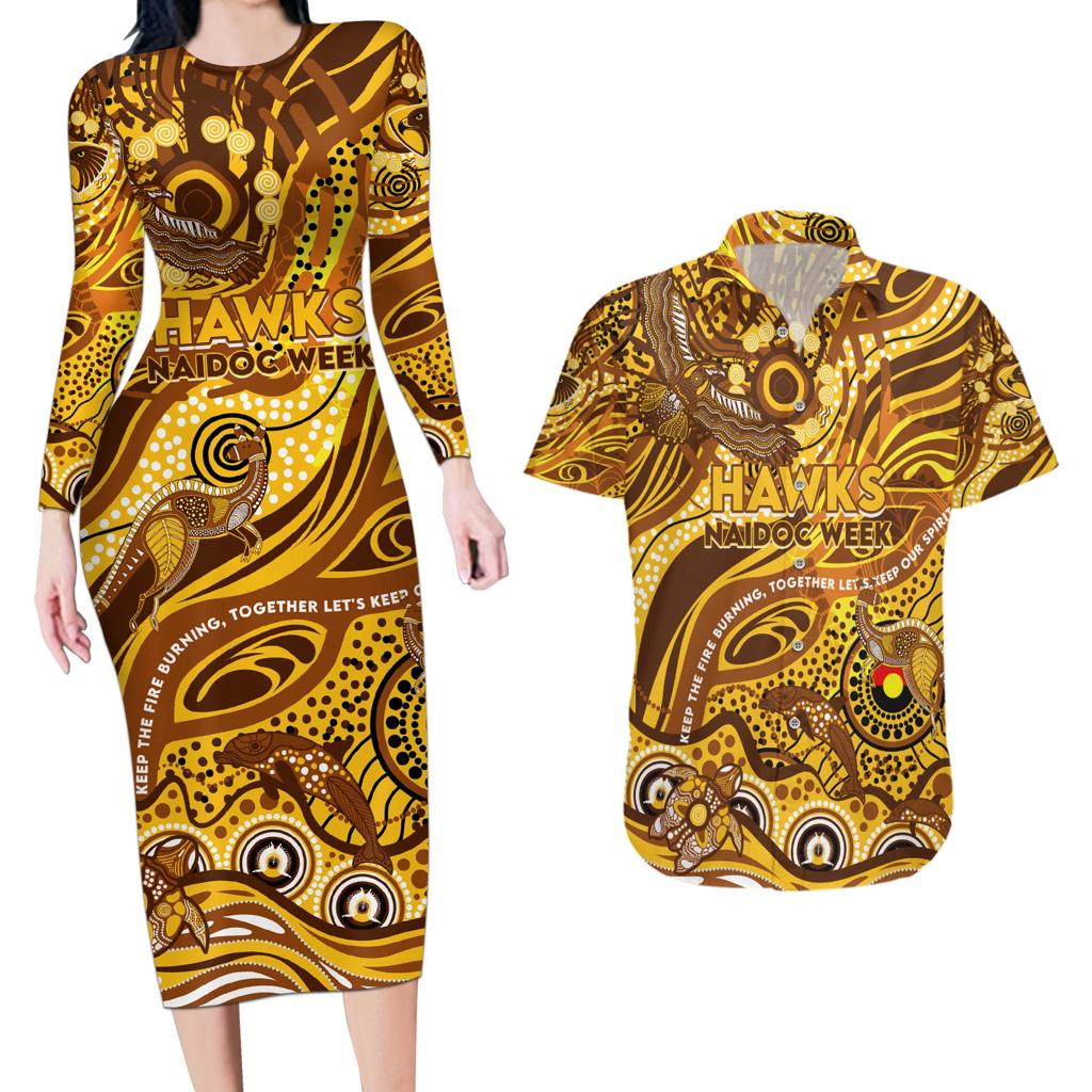 Custom NAIDOC Week 2024 Hawks Couples Matching Long Sleeve Bodycon Dress and Hawaiian Shirt Aboriginal Animals Keep The Fire Burning