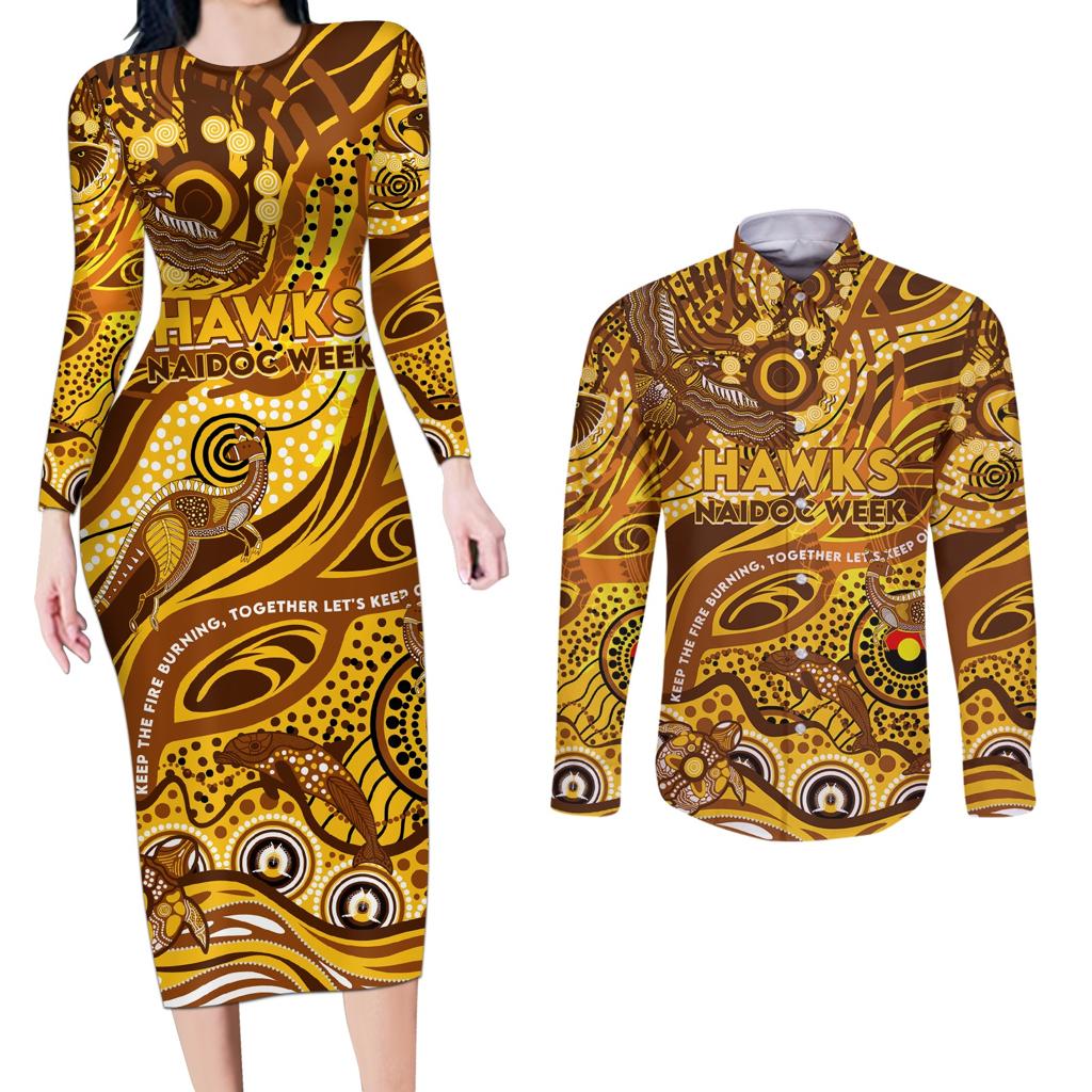 Custom NAIDOC Week 2024 Hawks Couples Matching Long Sleeve Bodycon Dress and Long Sleeve Button Shirt Aboriginal Animals Keep The Fire Burning