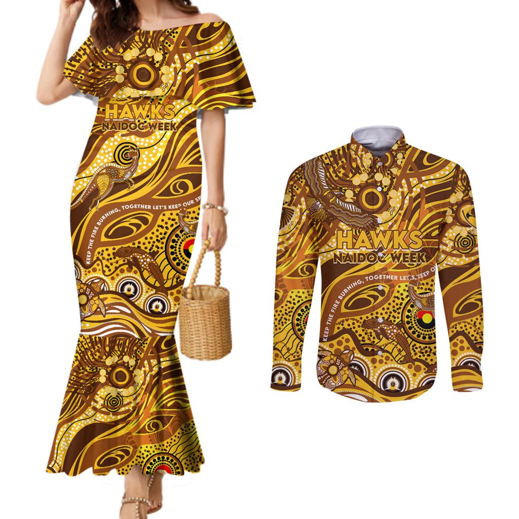 Custom NAIDOC Week 2024 Hawks Couples Matching Mermaid Dress and Long Sleeve Button Shirt Aboriginal Animals Keep The Fire Burning