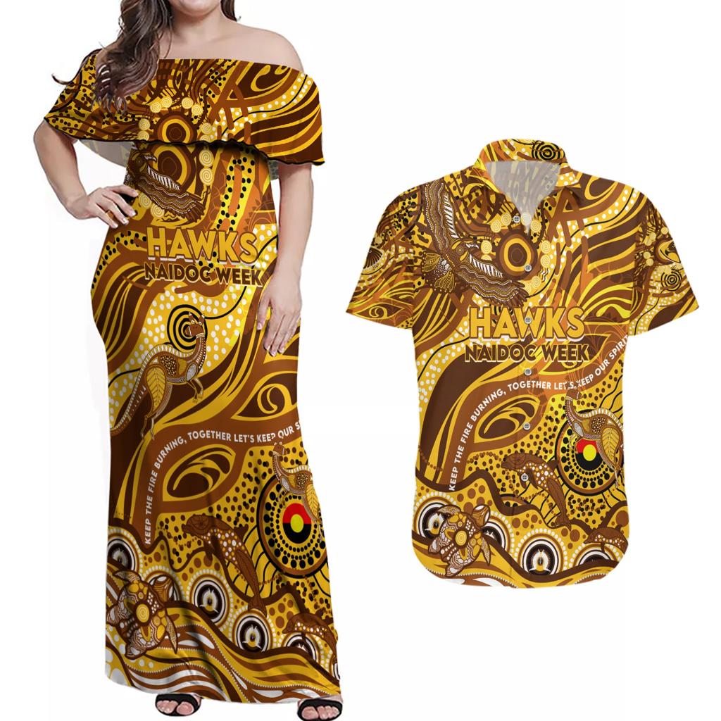 Custom NAIDOC Week 2024 Hawks Couples Matching Off Shoulder Maxi Dress and Hawaiian Shirt Aboriginal Animals Keep The Fire Burning