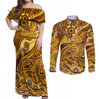 Custom NAIDOC Week 2024 Hawks Couples Matching Off Shoulder Maxi Dress and Long Sleeve Button Shirt Aboriginal Animals Keep The Fire Burning