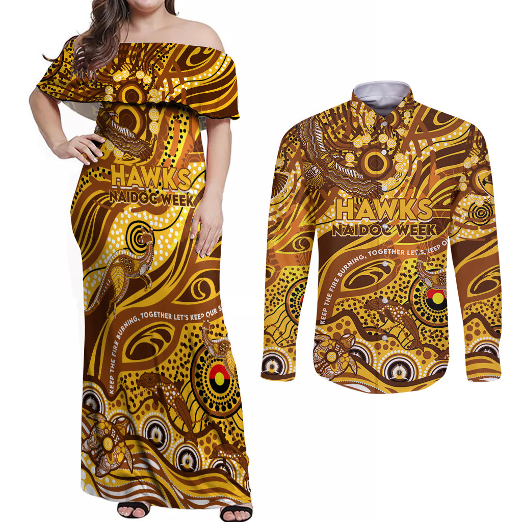 Custom NAIDOC Week 2024 Hawks Couples Matching Off Shoulder Maxi Dress and Long Sleeve Button Shirt Aboriginal Animals Keep The Fire Burning
