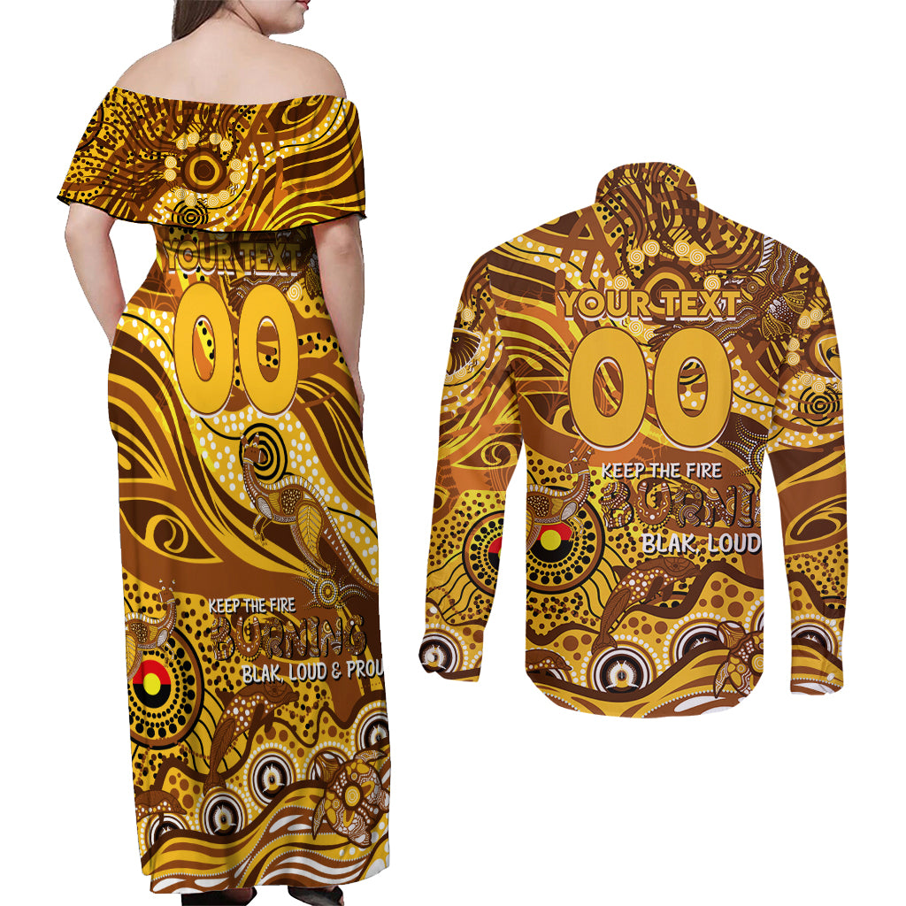 Custom NAIDOC Week 2024 Hawks Couples Matching Off Shoulder Maxi Dress and Long Sleeve Button Shirt Aboriginal Animals Keep The Fire Burning