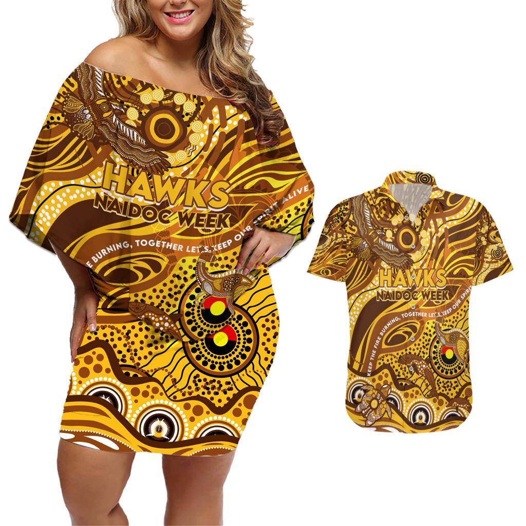 Custom NAIDOC Week 2024 Hawks Couples Matching Off Shoulder Short Dress and Hawaiian Shirt Aboriginal Animals Keep The Fire Burning