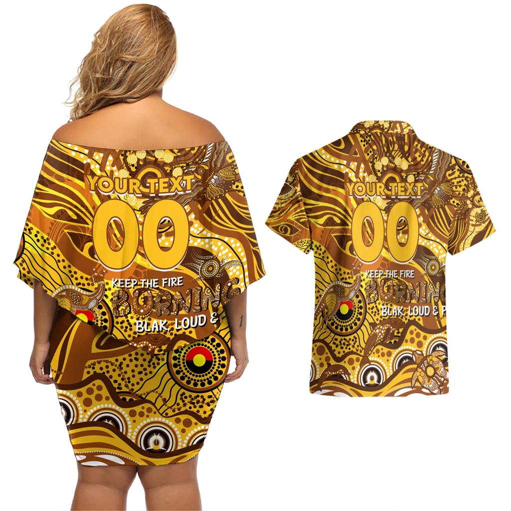 Custom NAIDOC Week 2024 Hawks Couples Matching Off Shoulder Short Dress and Hawaiian Shirt Aboriginal Animals Keep The Fire Burning