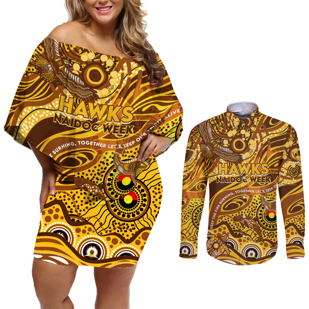 Custom NAIDOC Week 2024 Hawks Couples Matching Off Shoulder Short Dress and Long Sleeve Button Shirt Aboriginal Animals Keep The Fire Burning