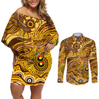 Custom NAIDOC Week 2024 Hawks Couples Matching Off Shoulder Short Dress and Long Sleeve Button Shirt Aboriginal Animals Keep The Fire Burning