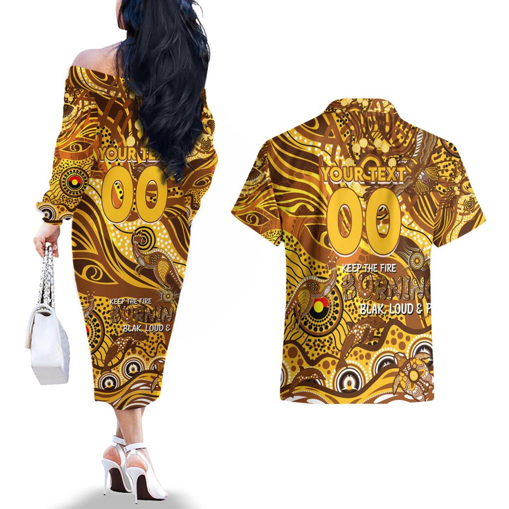 Custom NAIDOC Week 2024 Hawks Couples Matching Off The Shoulder Long Sleeve Dress and Hawaiian Shirt Aboriginal Animals Keep The Fire Burning